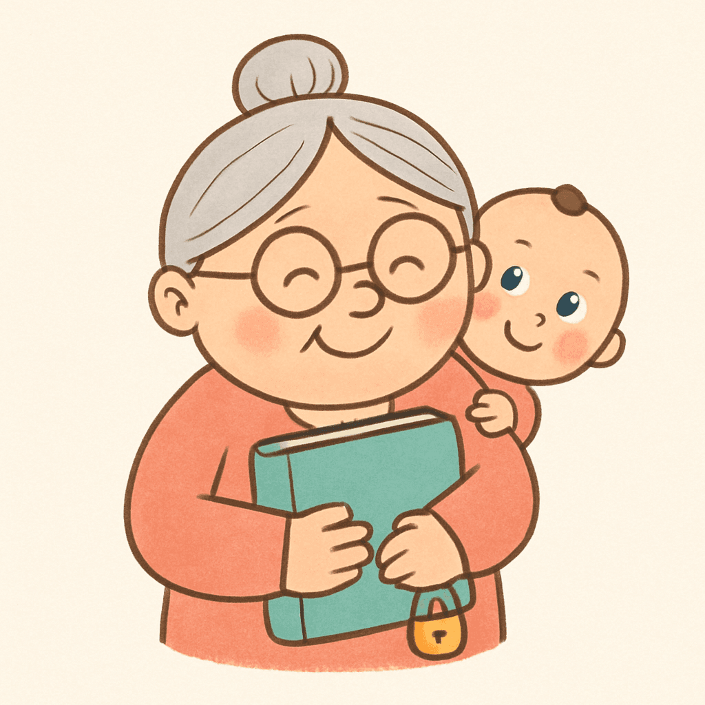 Illustration of a grandmother holding a family photo album with a padlock on it
