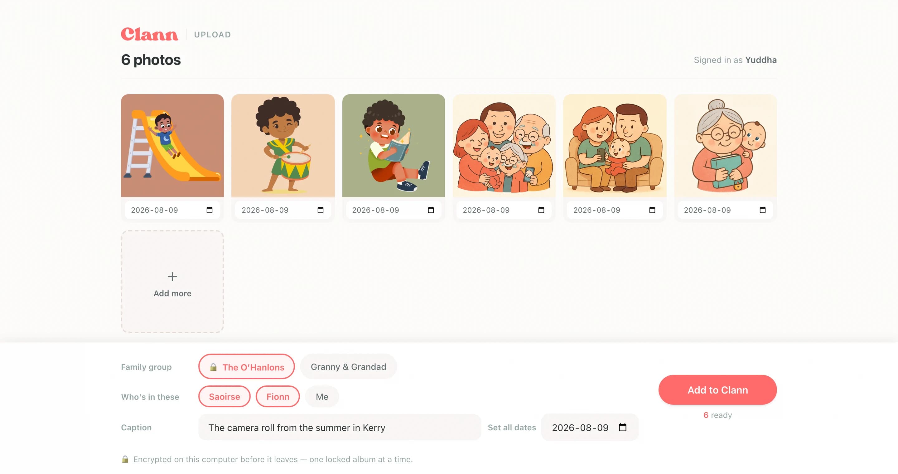 The Clann web uploader with six photos queued, the family group and the children tagged, and a caption typed into the tray at the bottom of the screen