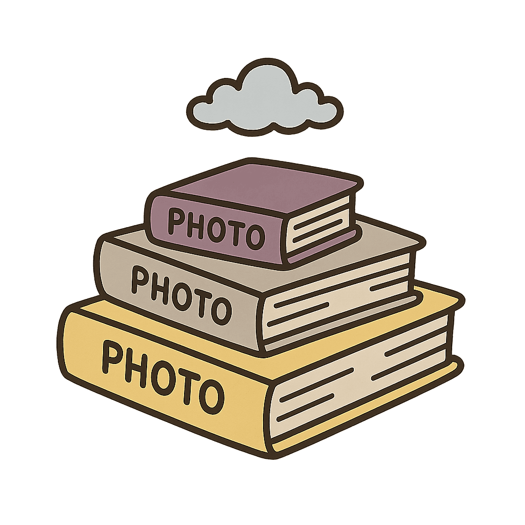 Illustration: a still life of three stacked photo albums, one small cloud floating above them