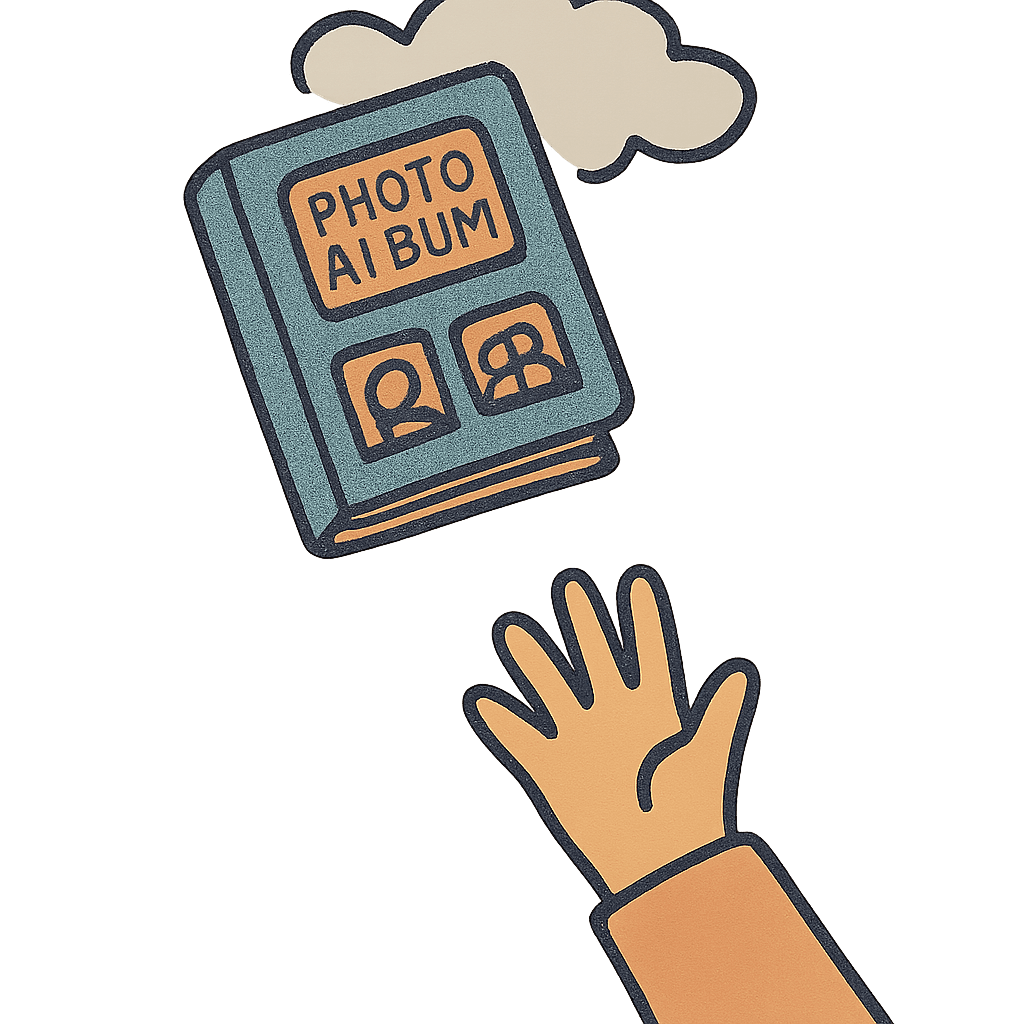 Illustration: a photo album drifting upward into a soft cloud, a hand reaching after it