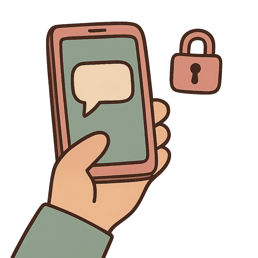 Illustration: a single hand holding a phone showing a chat bubble, a small padlock hovering beside it