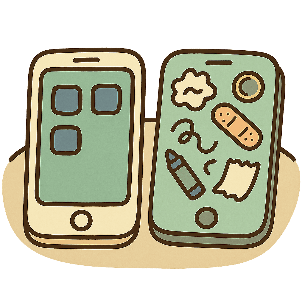 Illustration: two phones side by side on a table, one tidy and one cluttered, seen from above