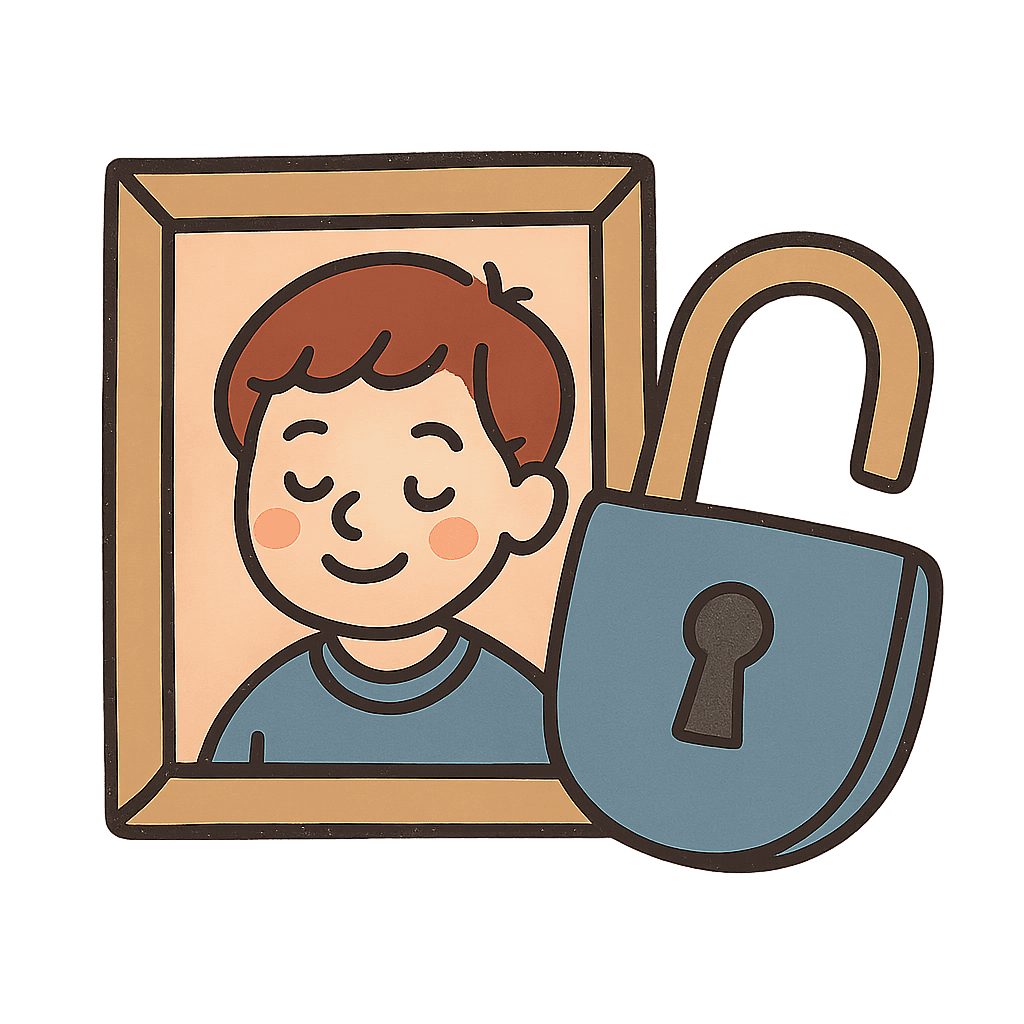 Illustration: a framed photo of a child with a large open padlock resting against the frame