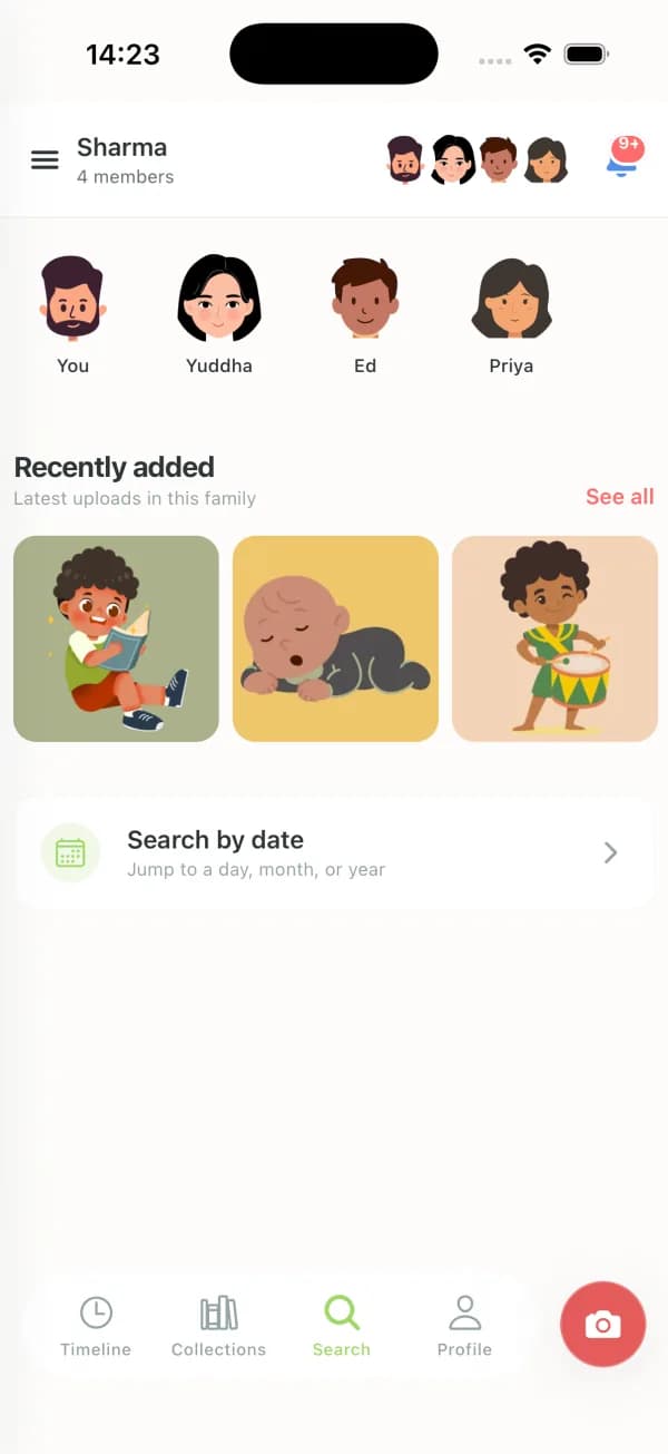 Clann app search view for finding photos by people, places, events, and dates