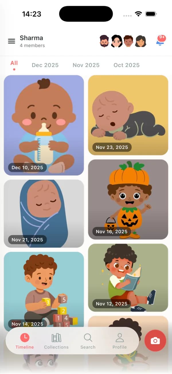 Clann app timeline view showing chronological family photo memories