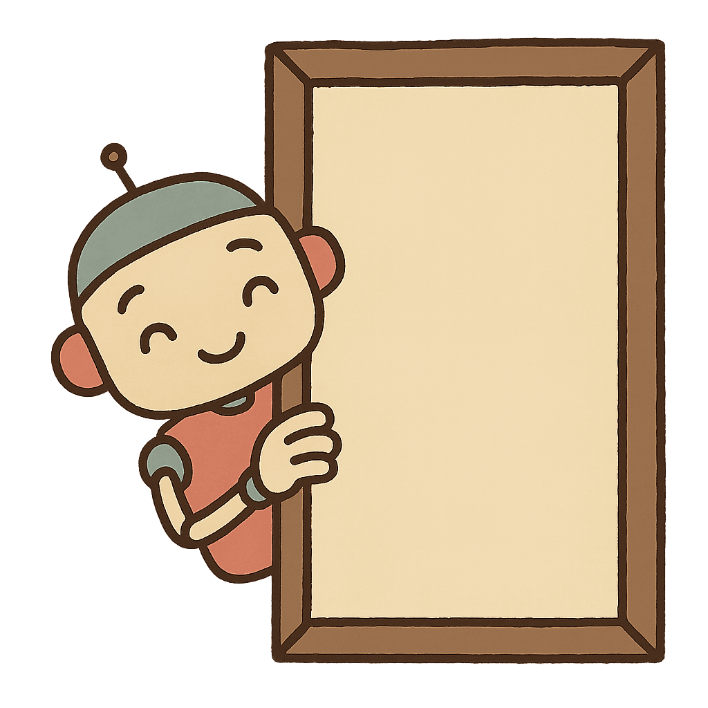 Illustration: a small curious robot leaning around the edge of a large photo frame to peek