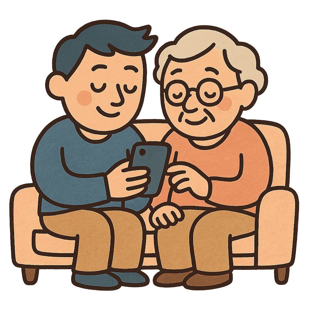 Illustration: a parent and a grandparent side by side on a sofa, sharing a phone