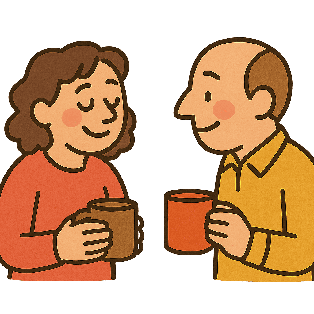 Illustration: two adults mid-conversation over mugs of tea, seen from the side
