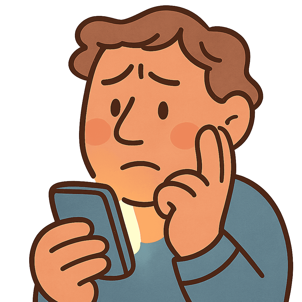 Illustration: close-up of a parent’s face, thoughtful and hesitant, phone glowing just under their chin