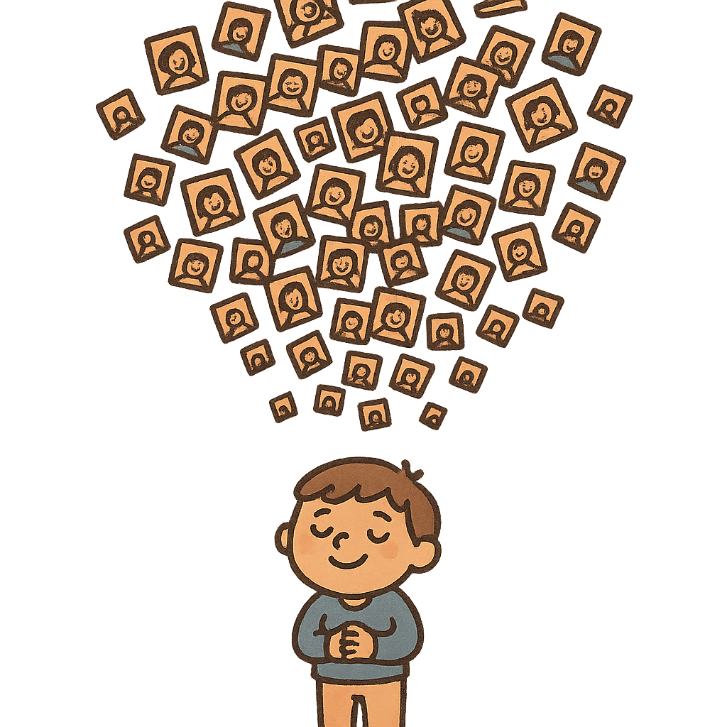 Illustration: a small figure of a child below a large swarm of tiny floating photographs