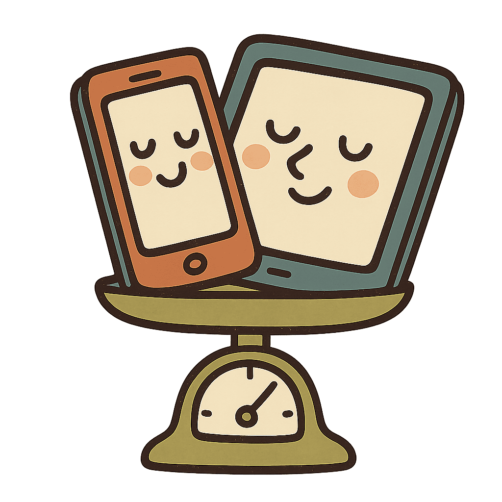 Illustration: a phone and a tablet leaning against each other, weighed on a small set of scales