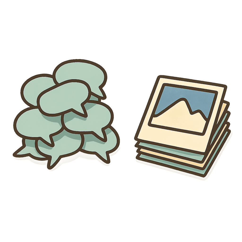 Illustration: a messy pile of chat bubbles beside a neat stack of photographs