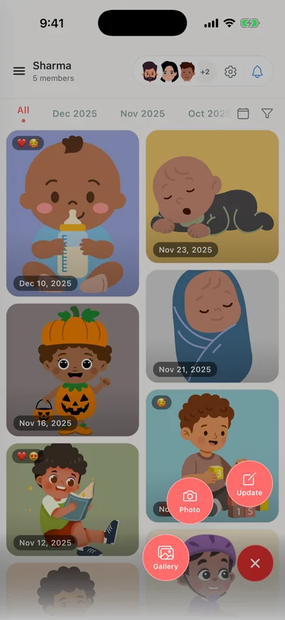 Clann timeline with the expanded coral sharing menu offering Photo, Gallery and Update actions.