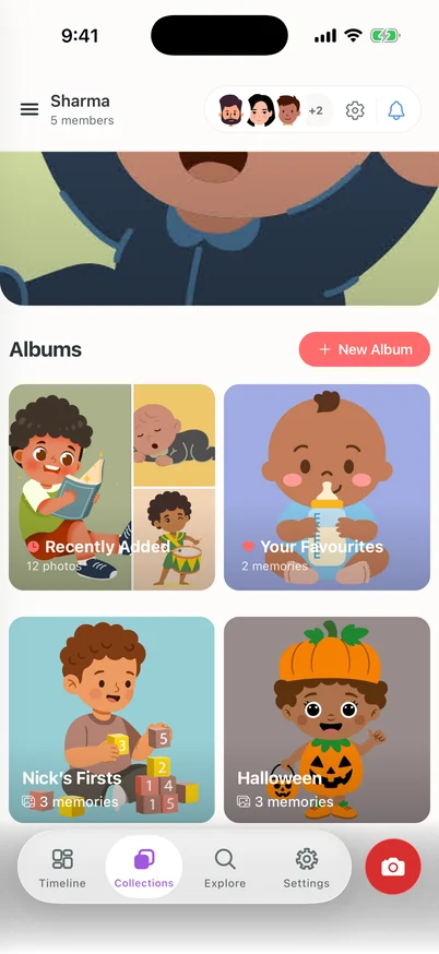 Clann Collections screen with a New Album button and illustrated cards for Recently Added, Your Favourites, Nick’s Firsts and Halloween.