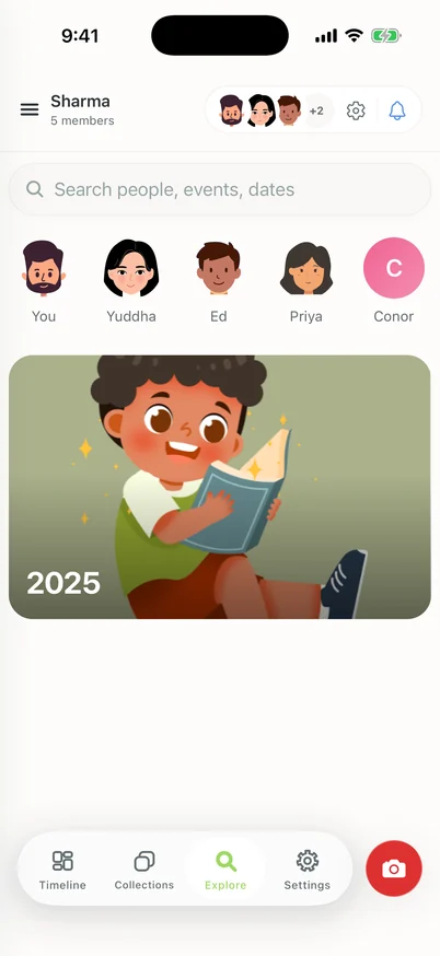 Clann Explore screen with a Search people, events, dates field, five family member shortcuts and an illustrated 2025 year collection.