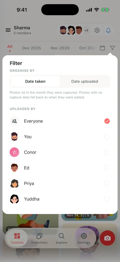 Clann timeline filter popover with Date taken and Date uploaded options and a checklist of family members.