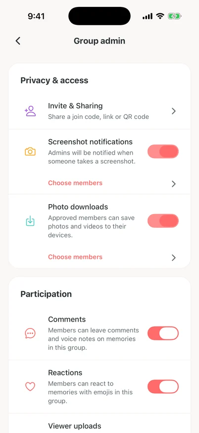 Clann Group admin settings showing Invite and Sharing, Screenshot notifications with Choose members, Photo downloads, Comments and Reactions controls.
