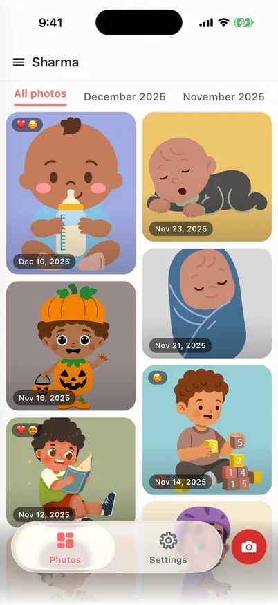 Clann Simple view timeline with larger All photos, December 2025 and November 2025 labels, illustrated baby photos, and a two-tab bar showing only Photos and Settings.