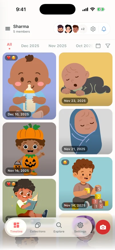 Clann iPhone family timeline with illustrated baby photos, December, November and October month shortcuts, reaction badges and four navigation tabs.